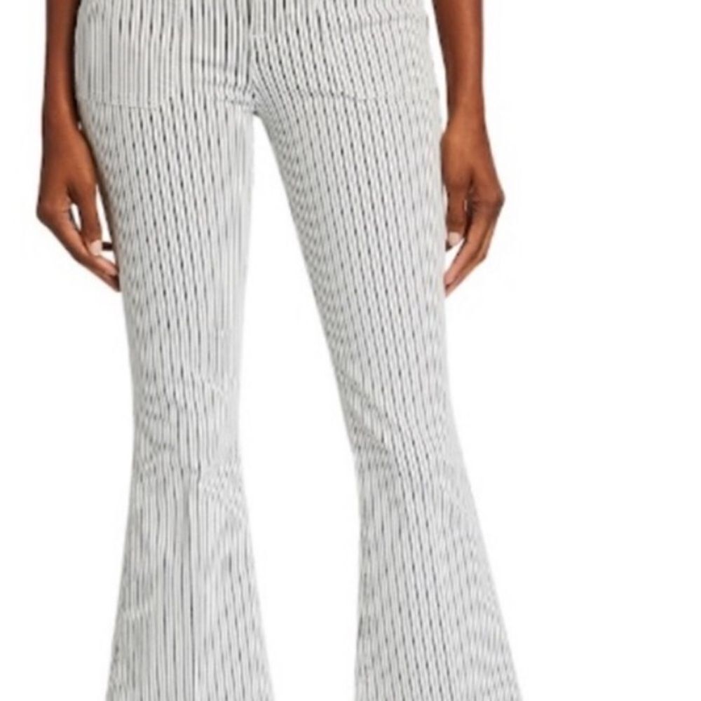 FRAME Le Bardot Crop Flare Leg Jeans Striped Mid Rise Raw Hem, Dutch Blue Multi